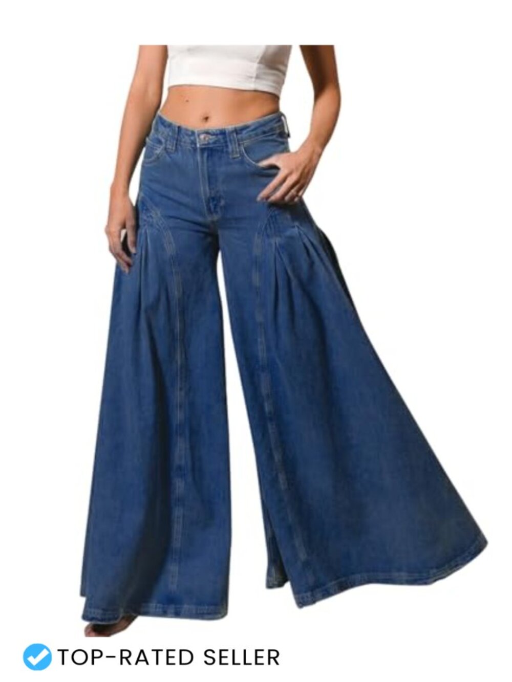 Womens Bell Bottom Jeans High Waist Stretch Wide Leg Flared Pleated Vintage